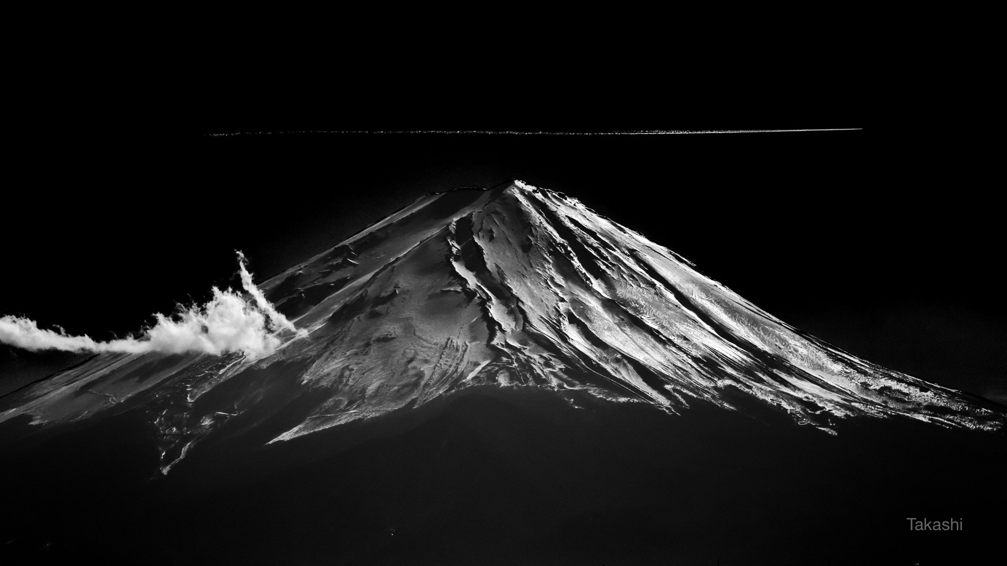 Fuji,Japan,mountain,snow,vapor trail,airplane,cloud,, Takashi