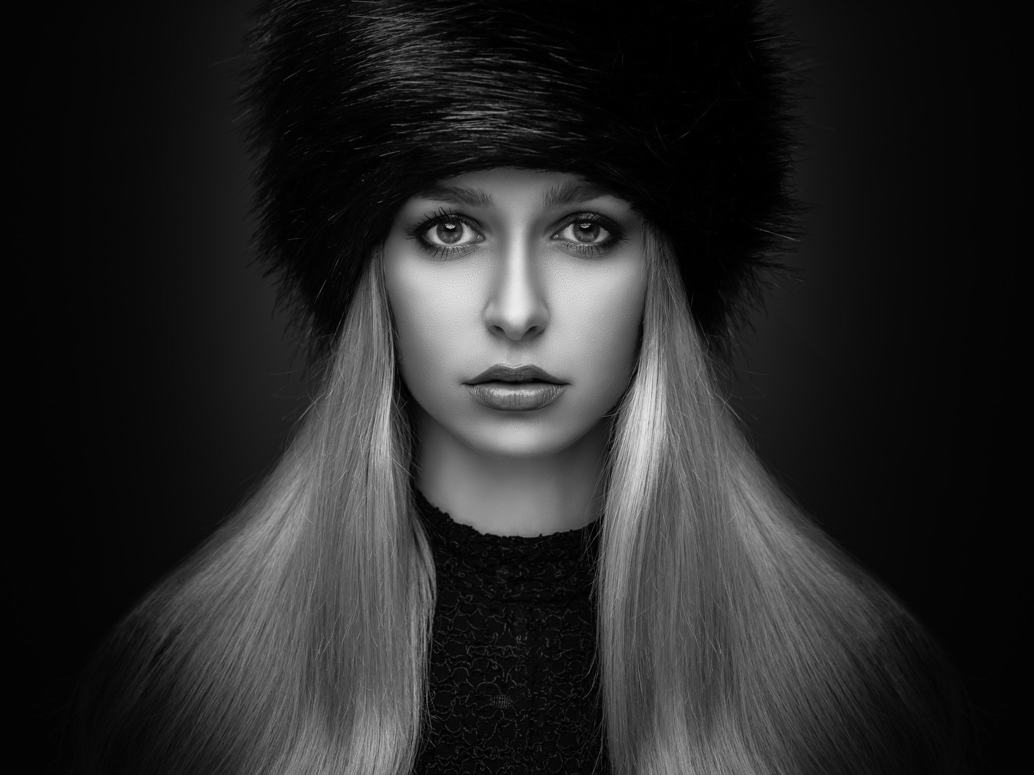 portrait, dark, black and white, blonde, fur hat, Michael Schnabl