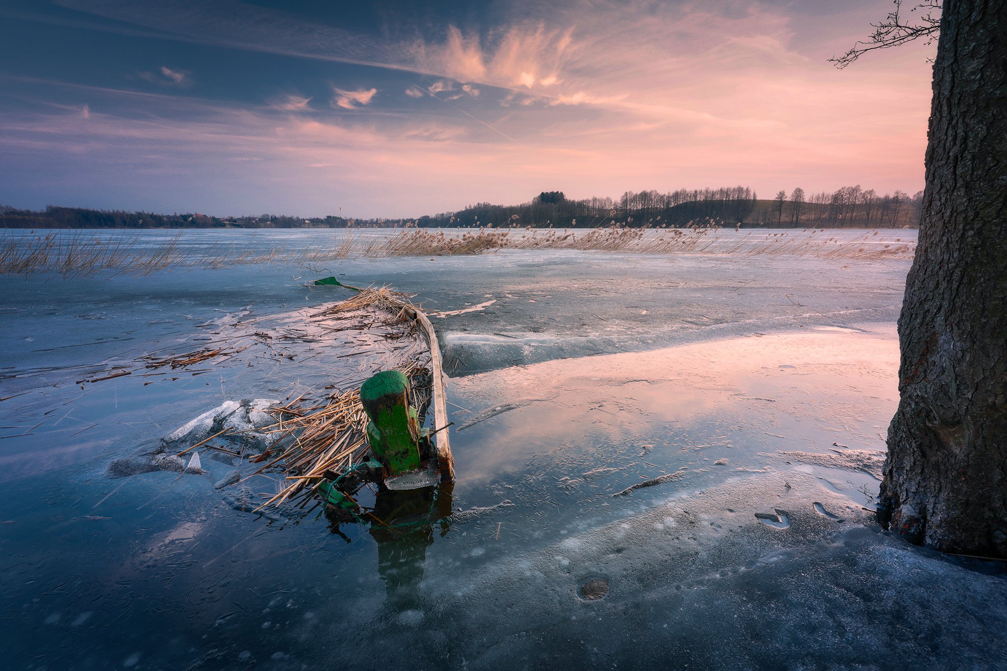 spring ice lake boat sky sunset clouds colors, Maciej Warchoł
