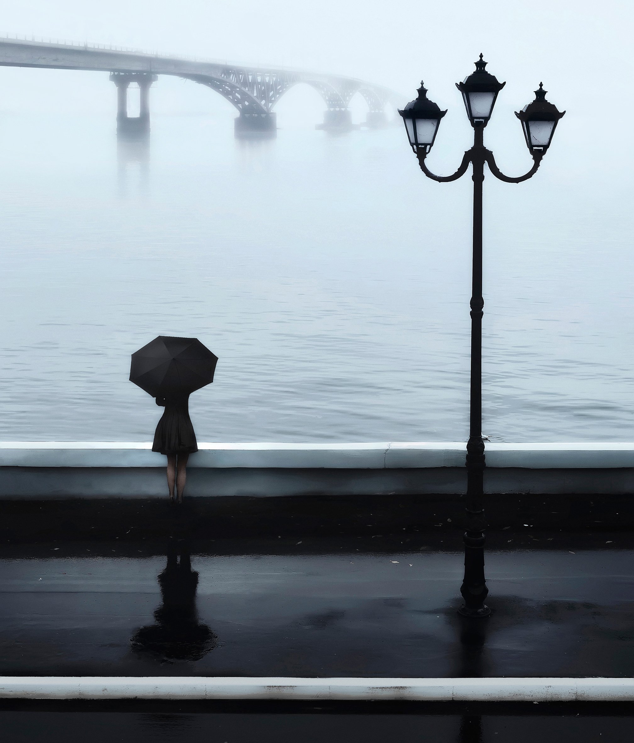 город, мост, туман, саратов, набережная, фонарь, девушка, зонт, Алексей Ермаков