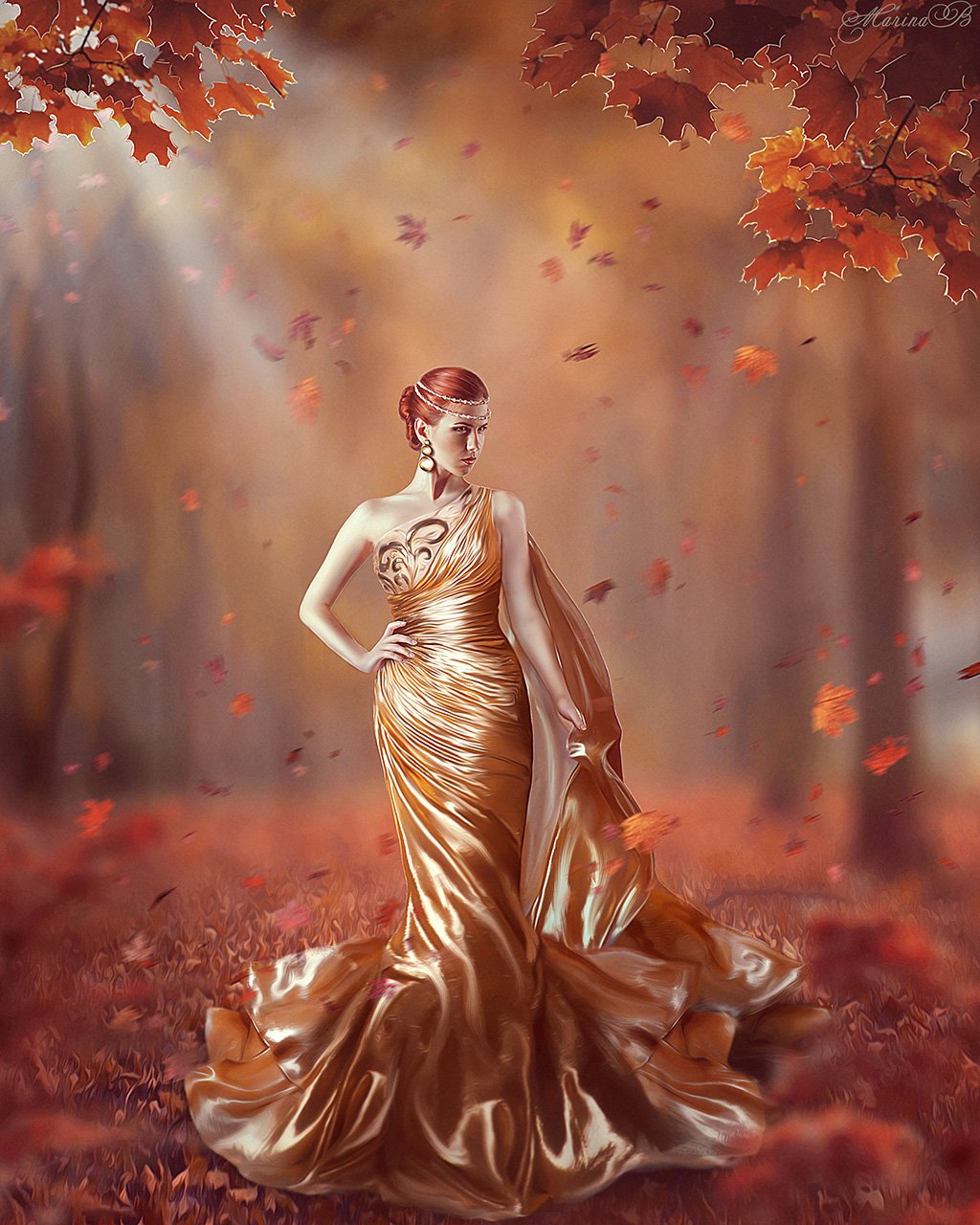 золотая осень, осень, золотое платье, золото, оранжевый, волшебство, ветки, листья, клен, Marina Baccardi