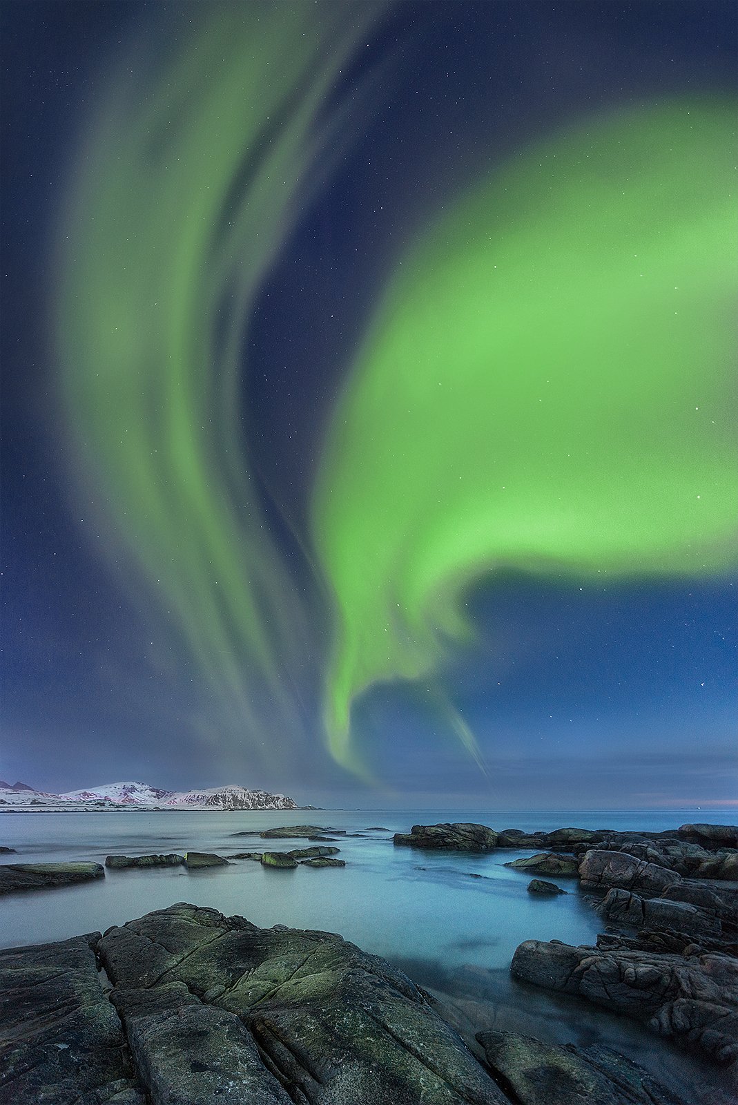 aurora, Norway, beach, night, sky, stars, sea,, Patrycja Towarek