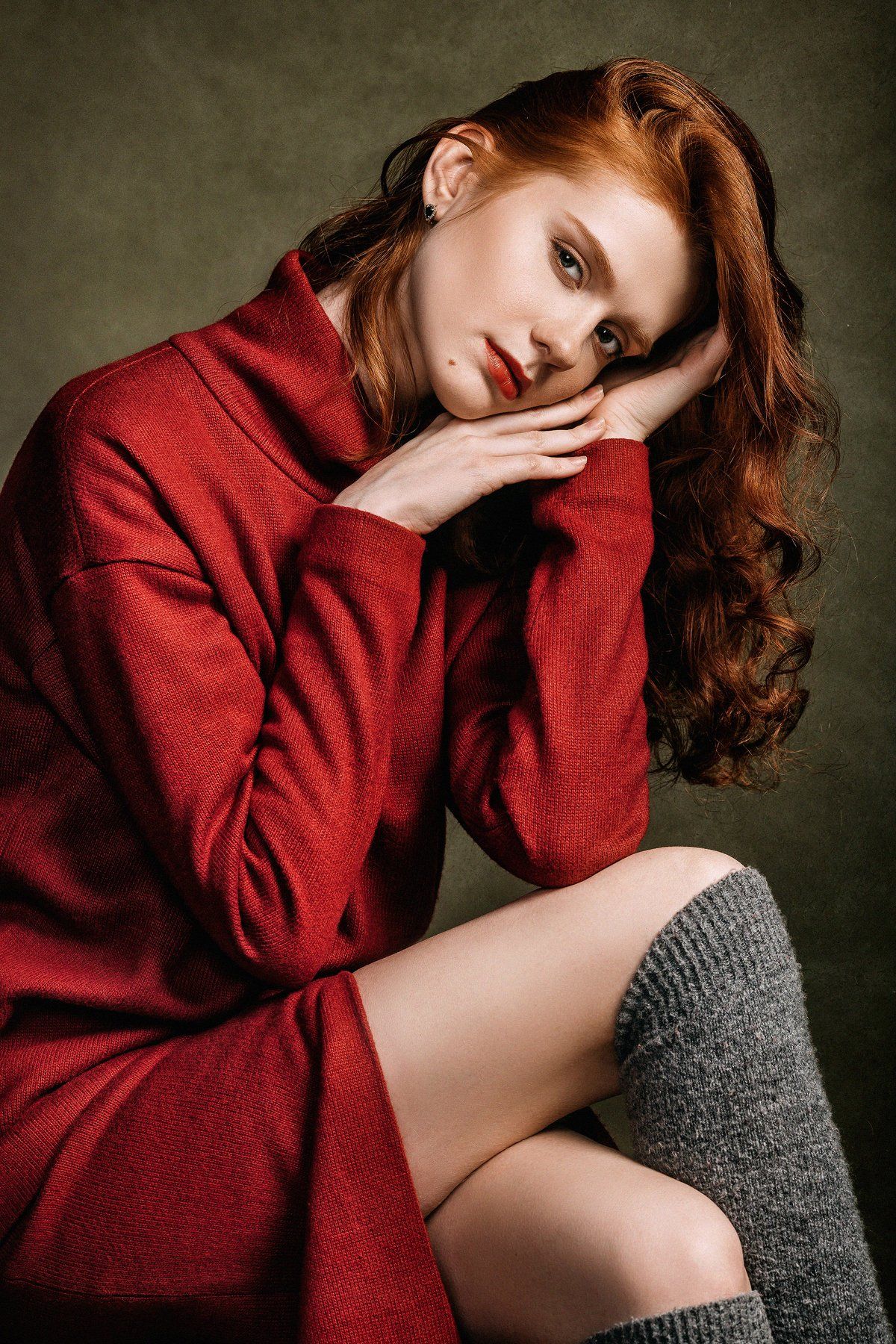 девушка, портрет, красный, рыжая девушка, волосы, студия, Анастасия Косарева