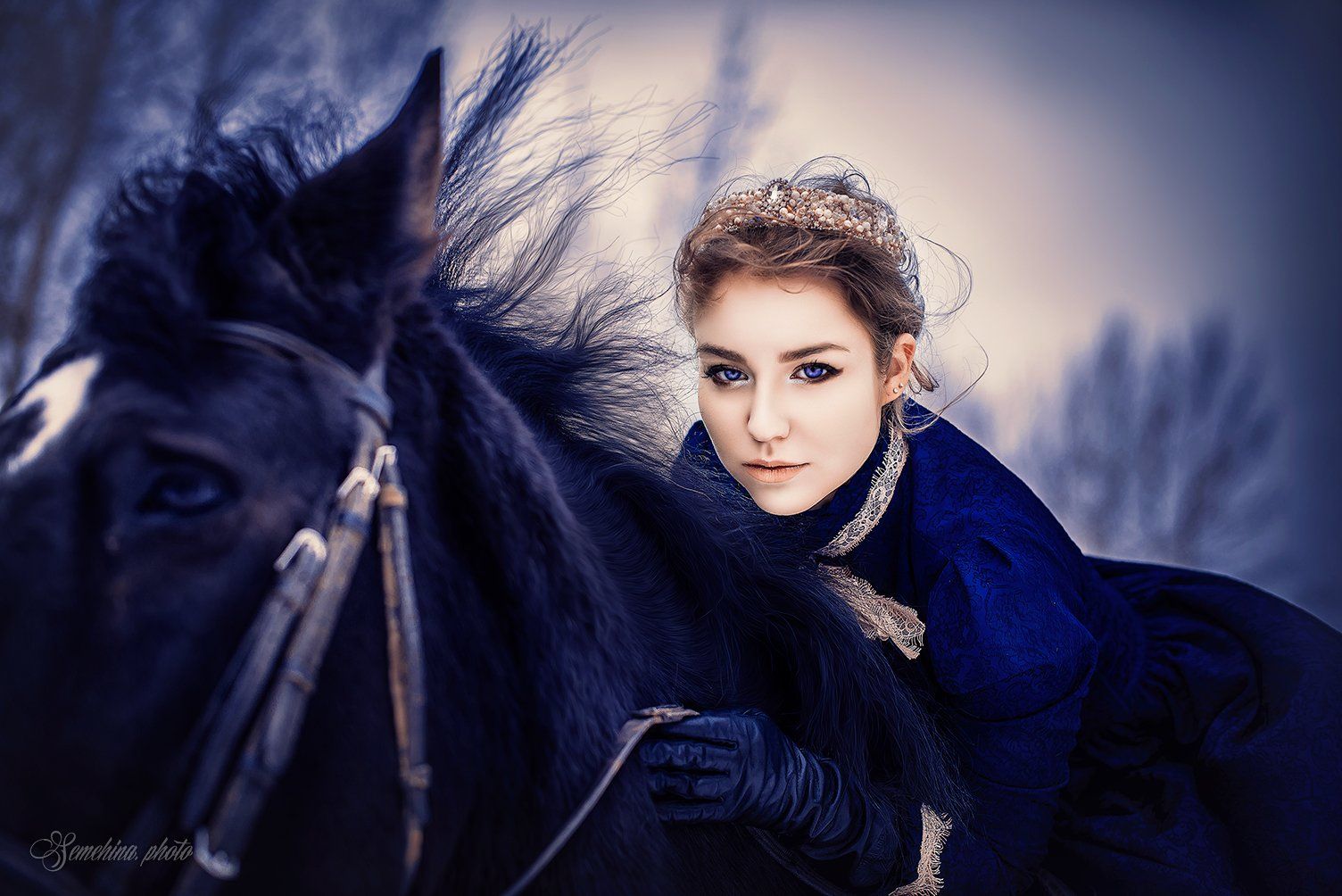 девушка, лошадь, винтаж, синий, сказка, girl, horse, vintage, blue, fairytale, Марина Семёхина