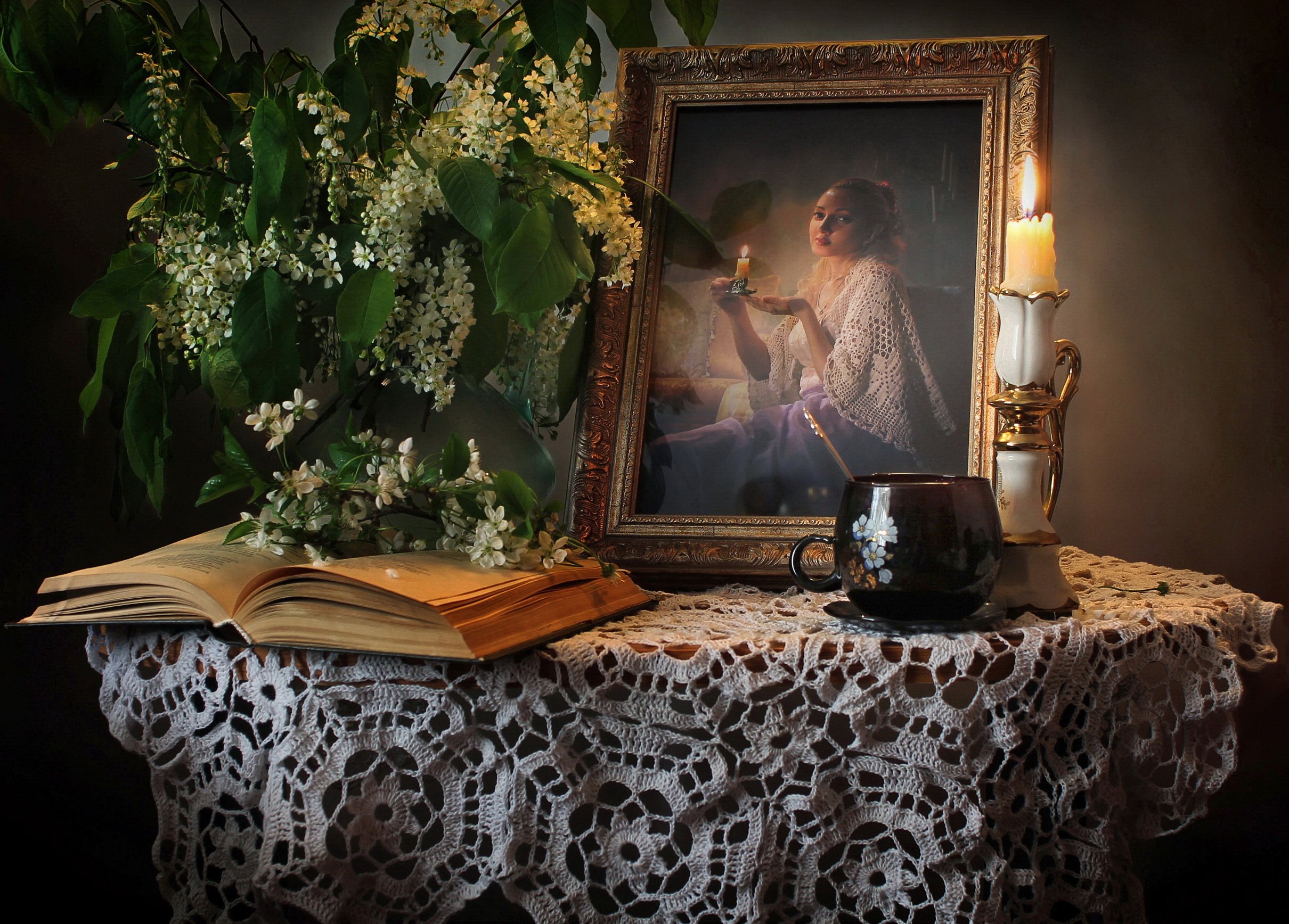 натюроморт, портрет, девушка, свеча, черемуха, весна, цветы, Ковалева Светлана