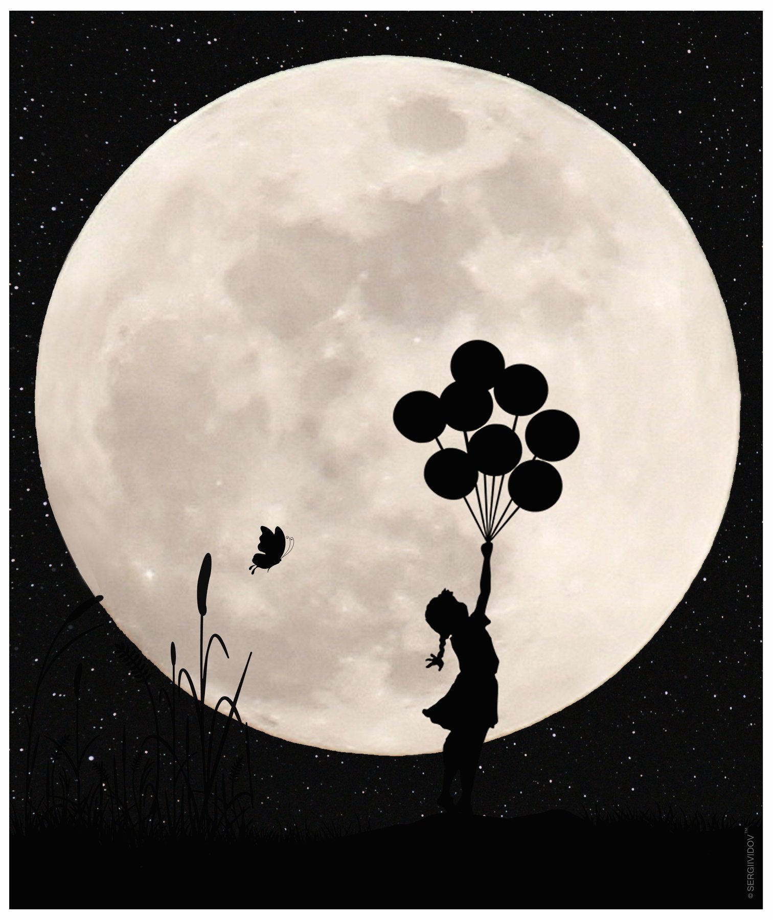 луна, воздушные шары, небо, ночь, ребенок, Sergii Vidov