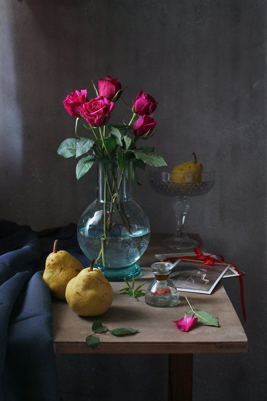натюрморт, цветы, фрукты, розы, груши, открытки, Курочкина Диана