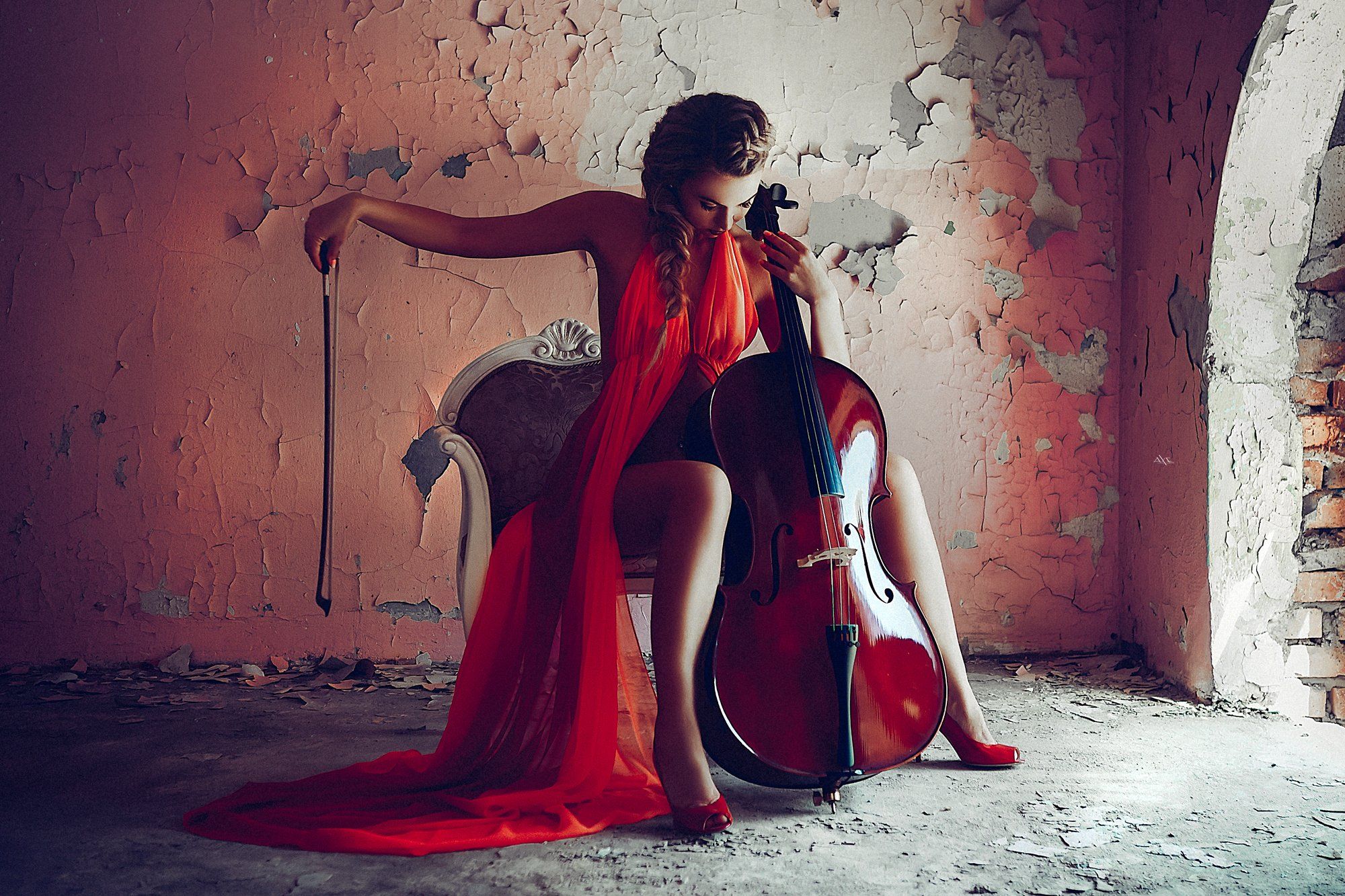 woman, cello, art, fashion, colors, light, Руслан Болгов (Axe)