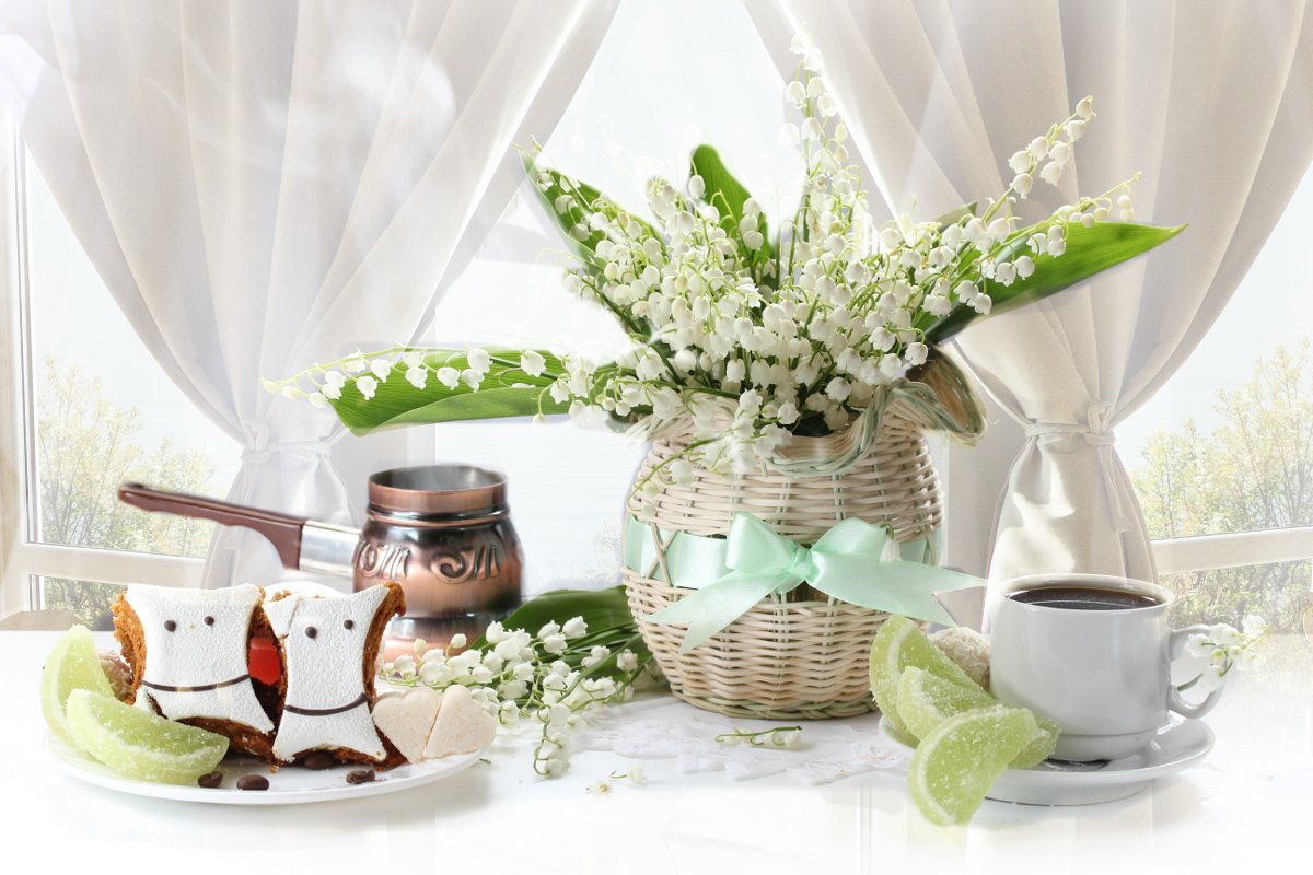 весна, цветы, ландыши, кофе, печенье, мармелад, Шруб (Беляева) Татьяна