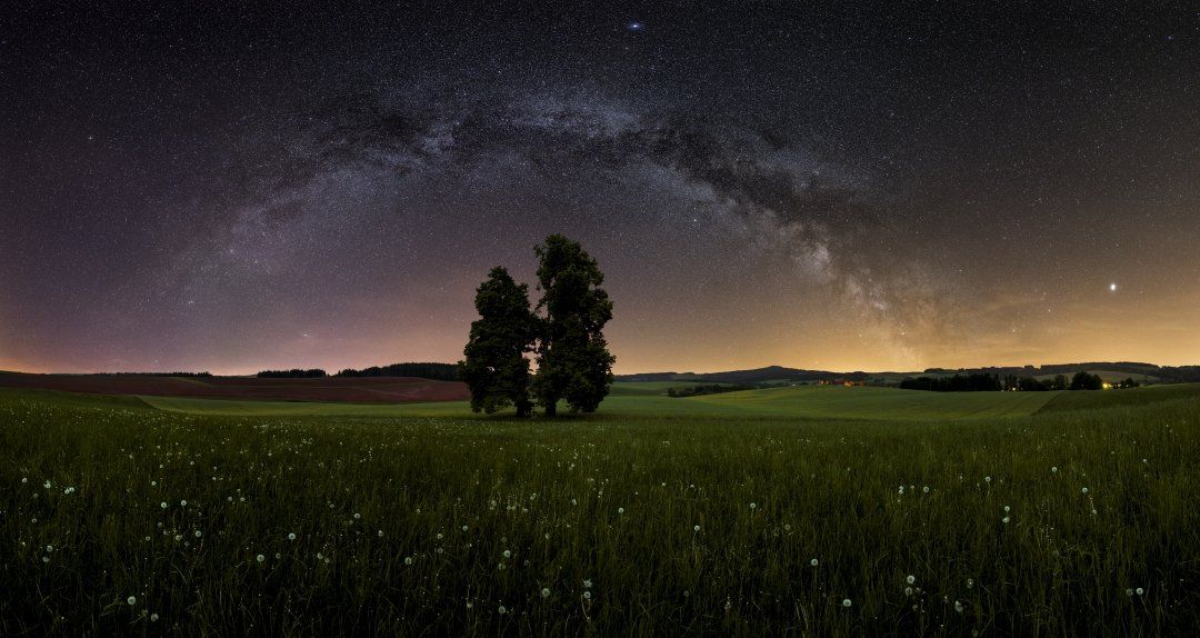 panorama, milkyway, stars, tree, blue, galaxy, landscape, night, Jakub Müller