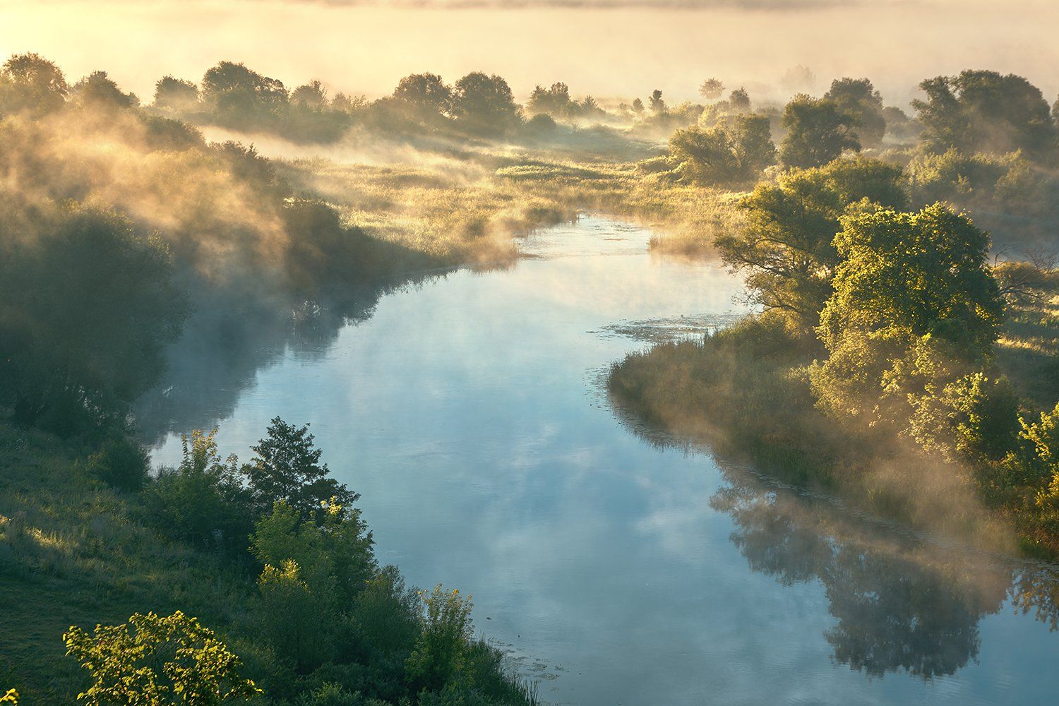 утро,туман,лучи,река,лес, Андрей Cоколов