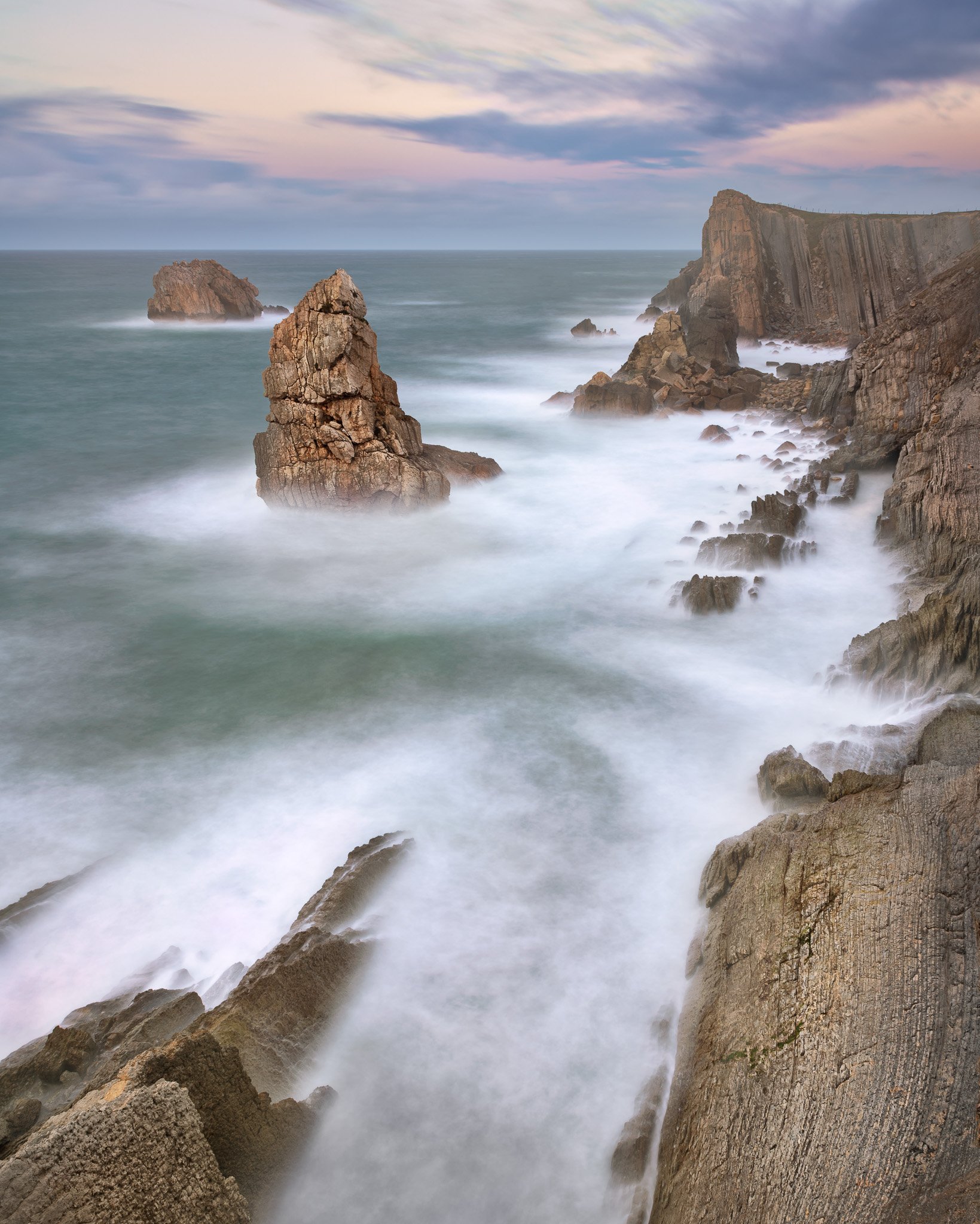 aguja, atlantic, beach, blue, cantabria, cantabrian, cliff, clouds, coast, coastline, dramatic, dusk, europe, evening, foam, formation, forsaken, fracture, gaviotas, geology, island, islet, landmark, landscape, liencres, limestone, magnificent, minimalism, Andrey Omelyanchuk