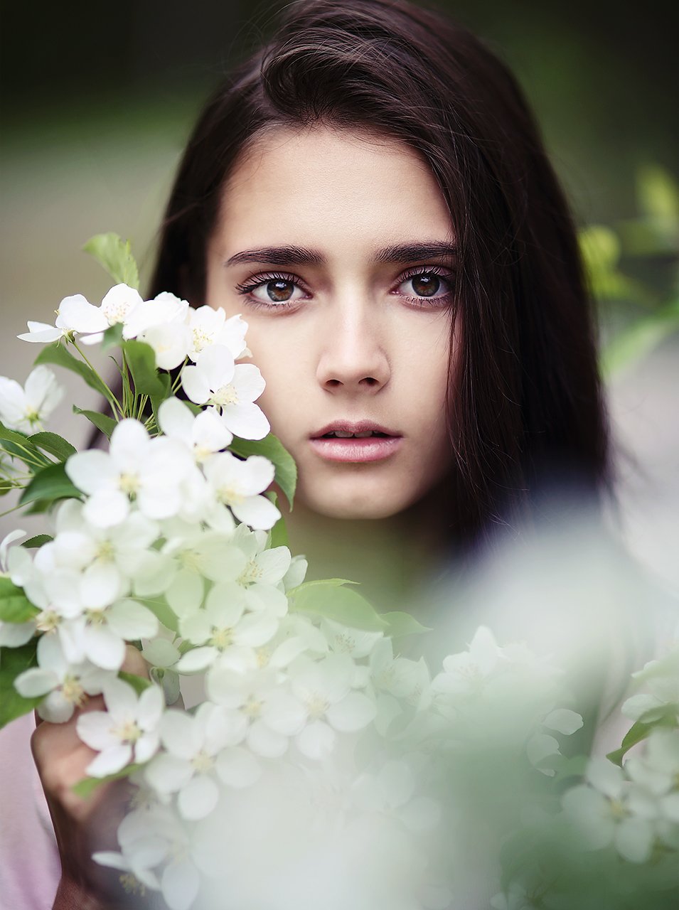 девушка, глаза, цветы, яблоня, губы, свет, Дарья Комарова