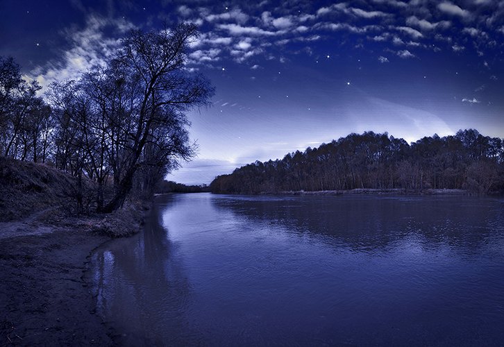река, вода, деревья, протока, ночь, shining)