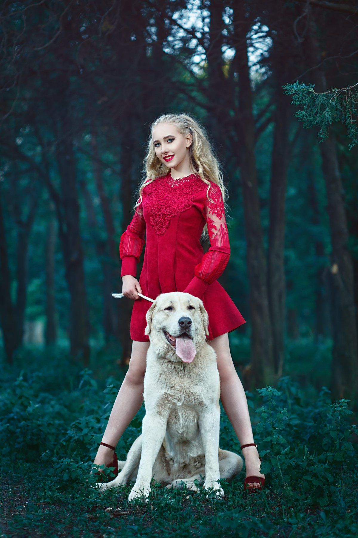 мода, стиль, гламур, портрет, красный, собака, огромный пес, блондинка, красивый, зеленый, красный, лес, лето, природа, Марина Кондратова