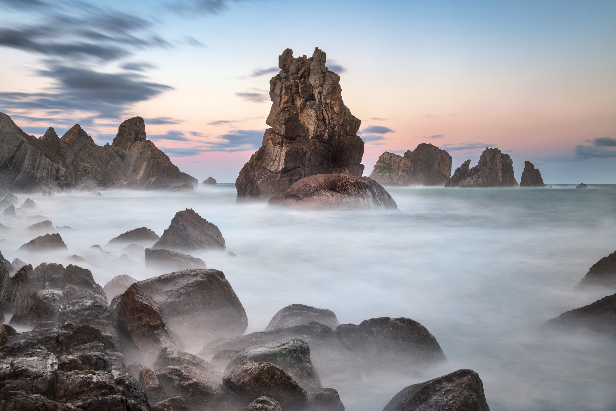 aguja, atlantic, beach, blue, cantabria, cantabrian, cliff, clouds, coast, coastline, dawn, dramatic, europe, foam, formation, gaviotas, geology, island, islet, landmark, landscape, liencres, limestone, magnificent, minimalism, morning, nature, ocean, ove, Andrey Omelyanchuk