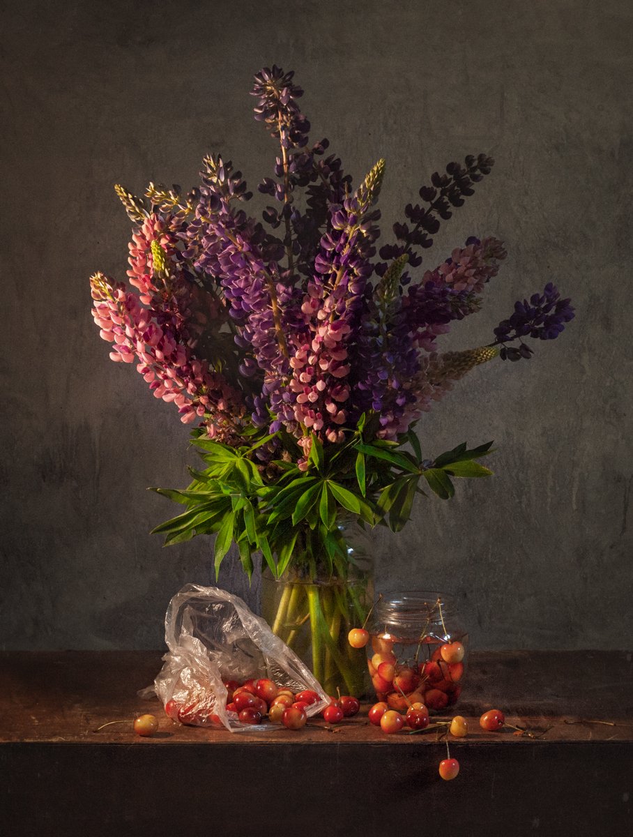 натюрморт, вишни, цветы. still life, flowers, evgeny kornienko, Евгений Корниенко