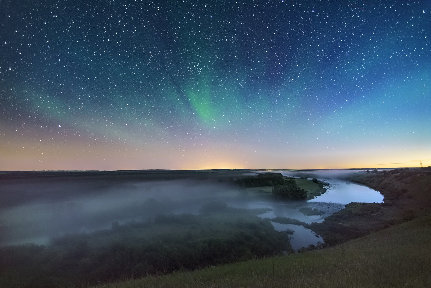 ночь,туман,свечение,звёздное небо, Андрей Cоколов