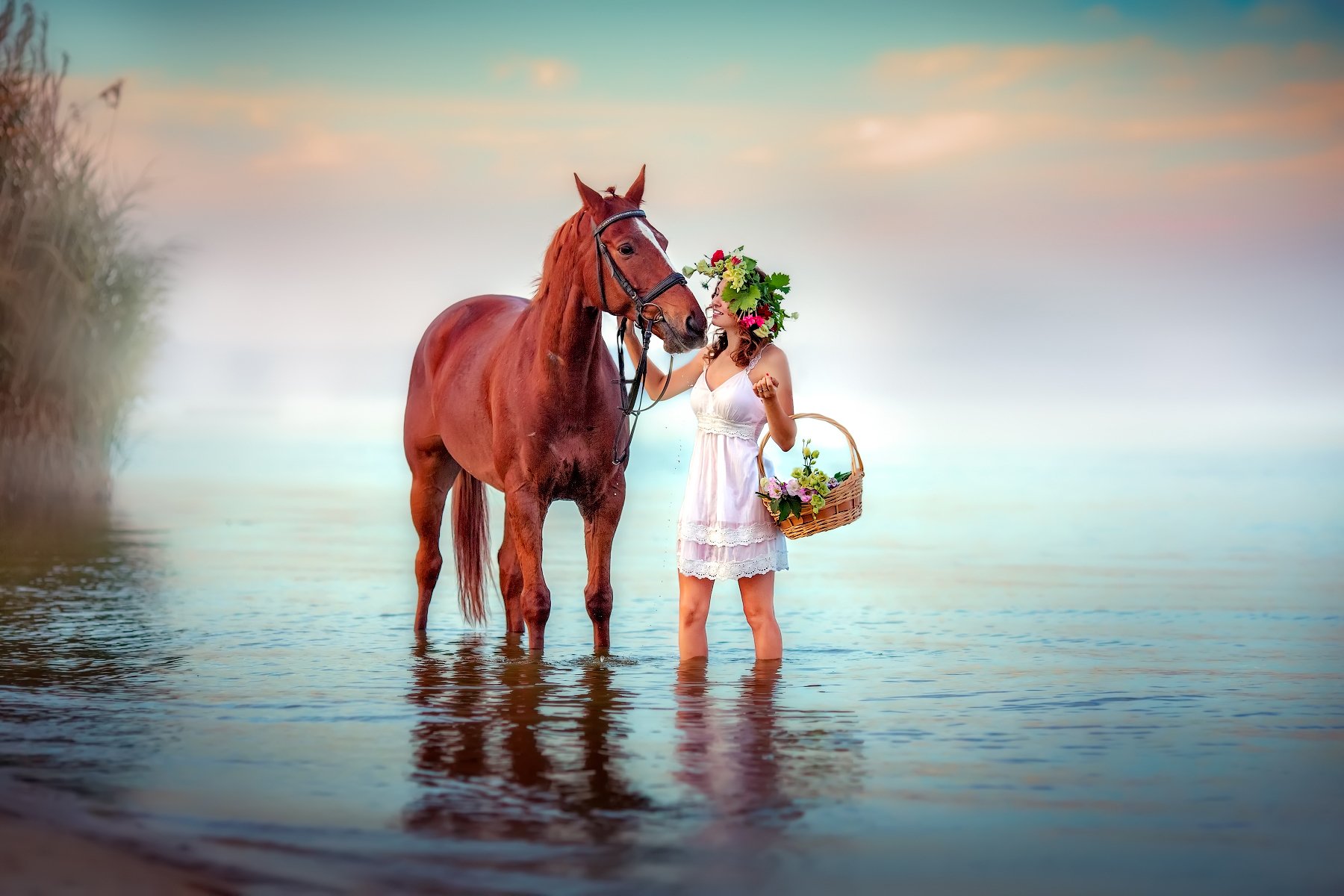 рассвет, ивана купала, девушка, лошадь, море, речка, цветы, Екатерина Домбругова