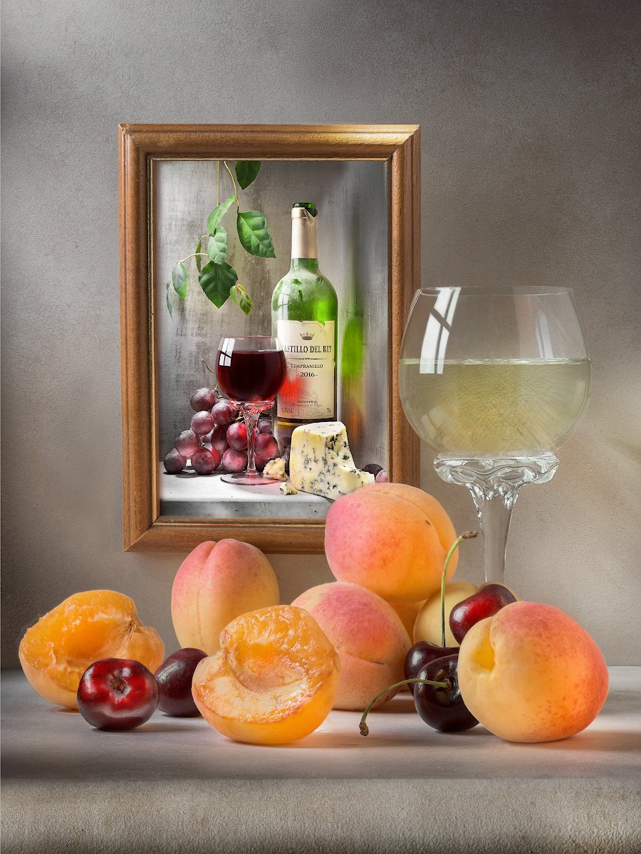 вино красное, вино белое, абрикосы, черешня, настроение, солнечный свет, бокал, рефлексия, фотоэтюд в рамке, янтарный цвет, Tom Fincher
