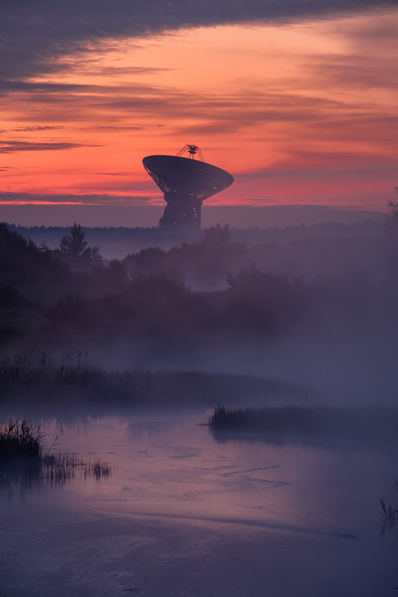 пейзаж, радиотелескоп, рассвет, туман, река, залив, антенна, Андрей Чиж
