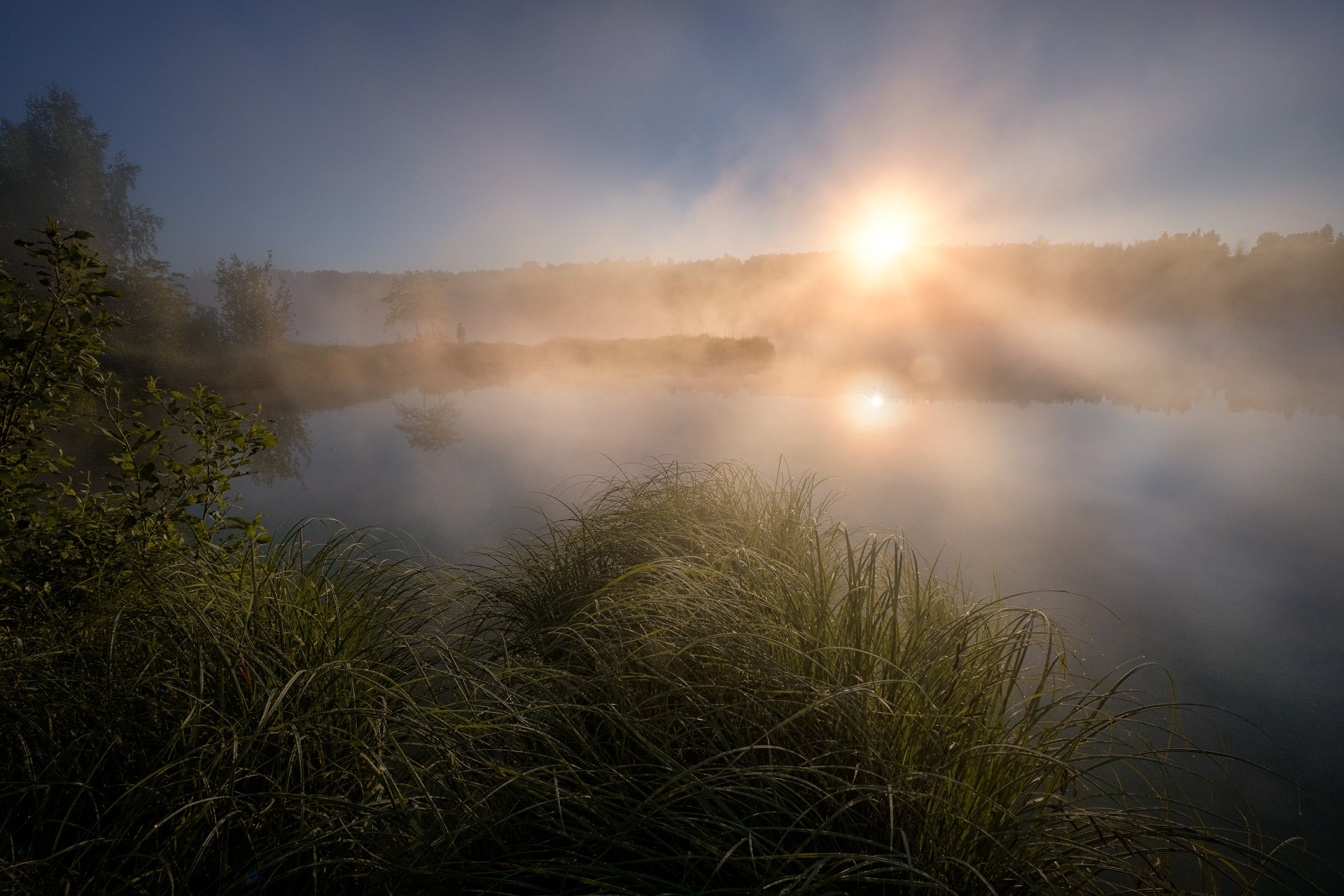 пейзаж, молокча, река, рассвет, туман, солнце, утро, рыбак, Андрей Чиж