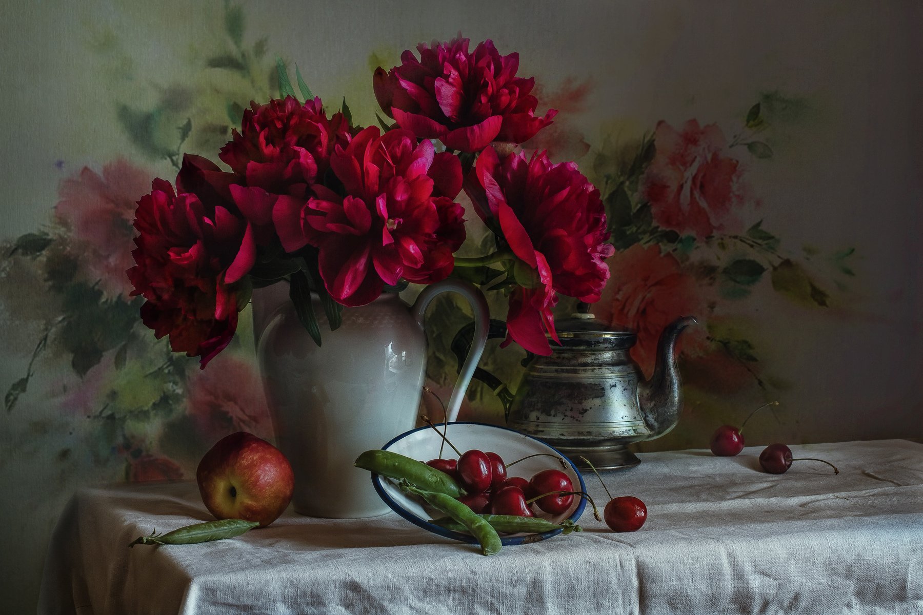 натюрморт, фарфор, цветы, пионы, ягода, черешня, Анна Петина