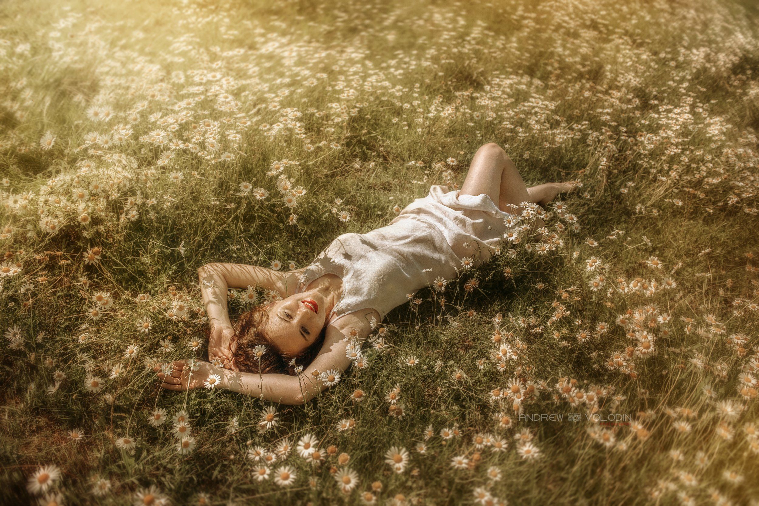 девушка ромашки славянская поле лежит лучи солнце лето, Андрей Володин