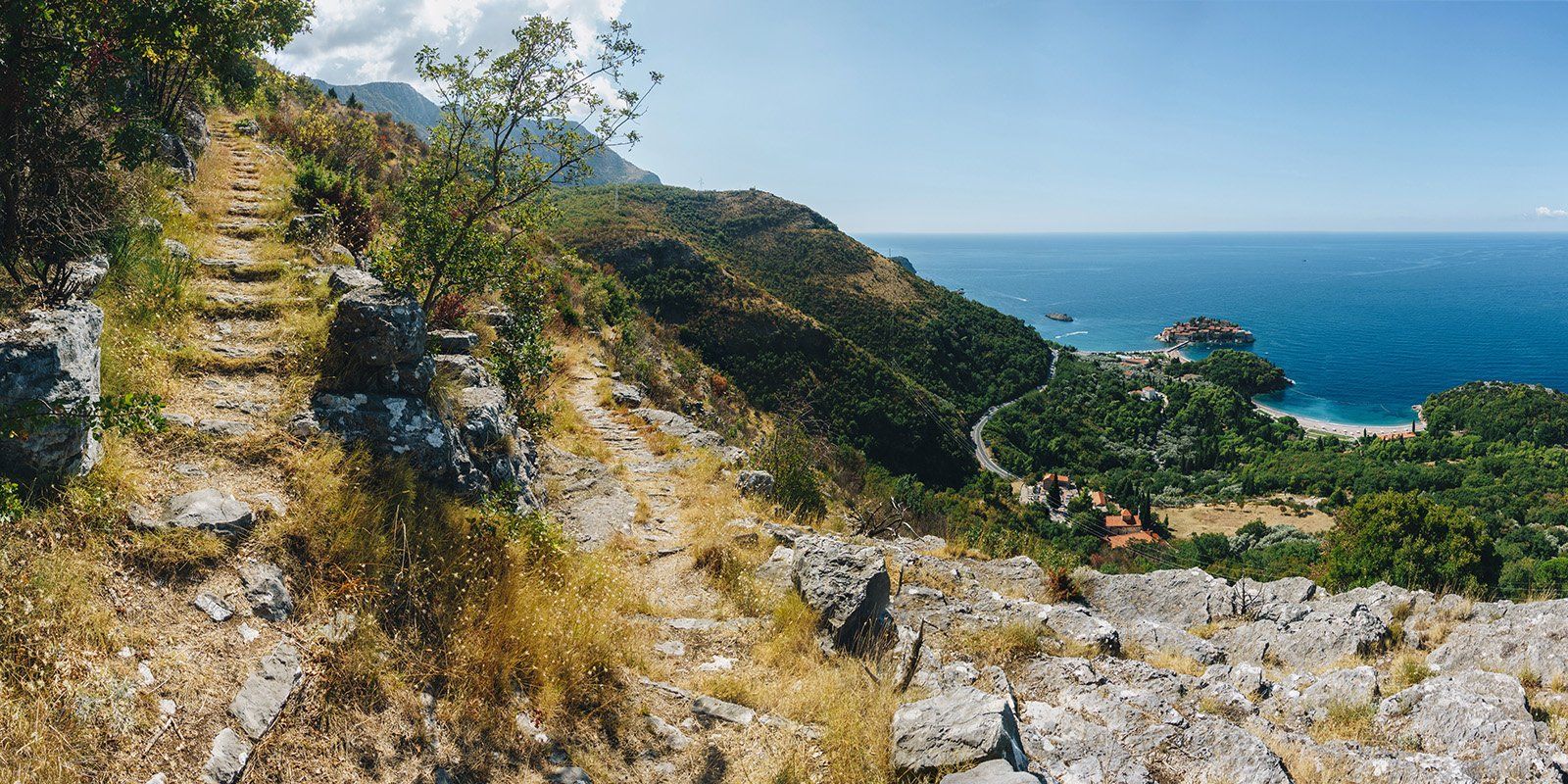 лестница, тропа, пейзаж, море, горы, гора, лето, черногория, деревья, путь, берег, Иван Клейн