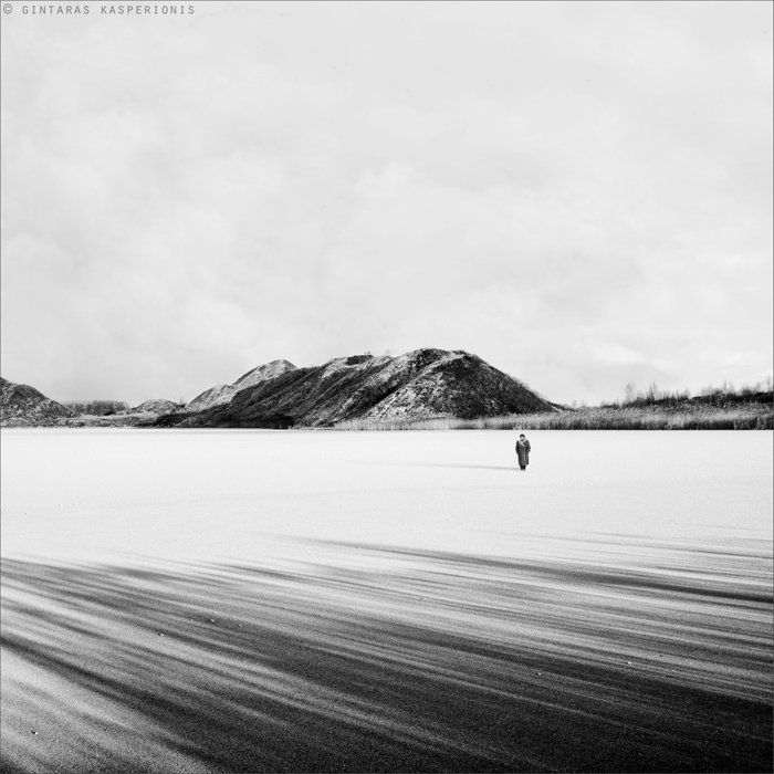 woman, old, lithuania, kasperionis, alone, ice, winter, snow, lake, hill, sky, square, art, Gintaras Kasperionis