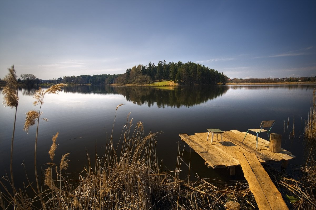 озеро, созерцание, рыбалка, стулья, мостик, Dmitry Apalikov
