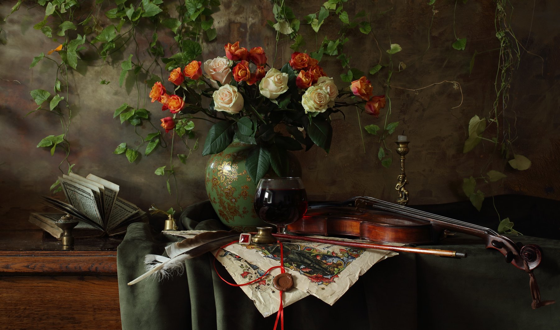 скрипка, музыка, розы, цветы, натюрморт, Андрей Морозов