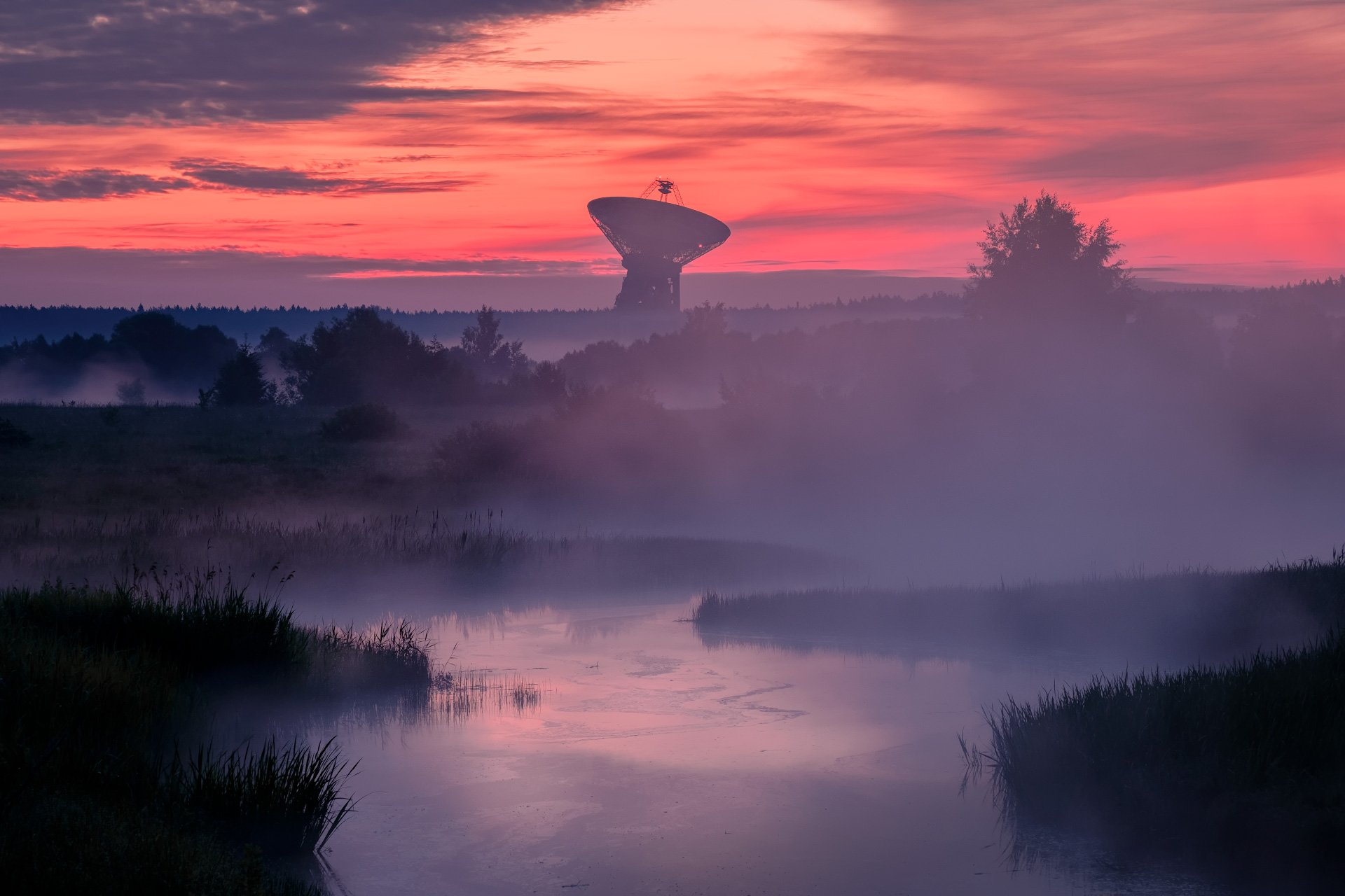 пейзаж, калязин, радиотелескоп, рассвет, туман, Андрей Чиж