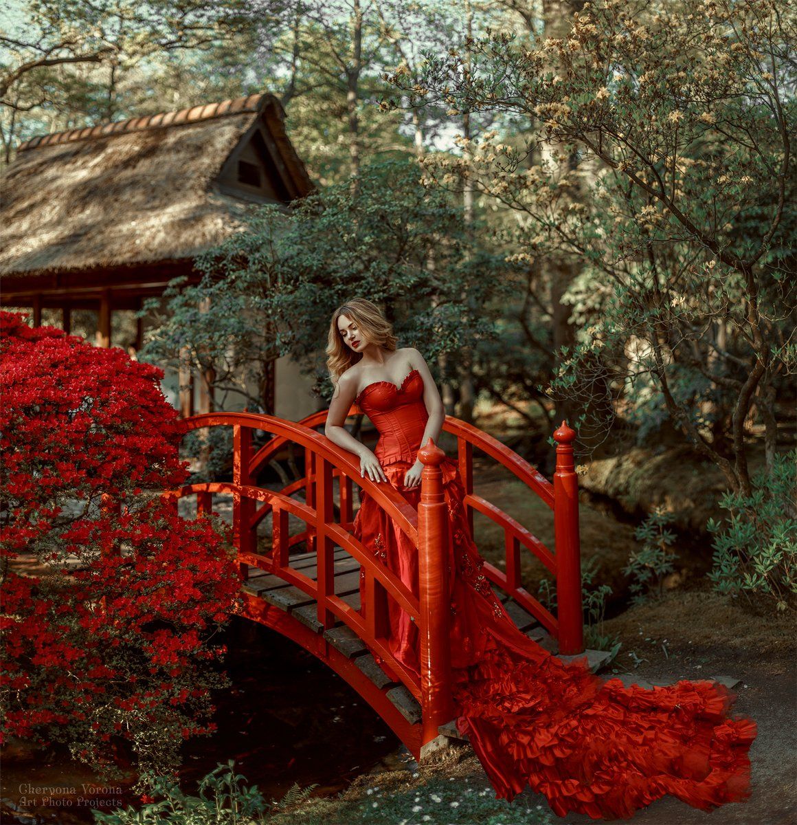 девушка в красном платье, красное платье, мост, китай, природа, Дарья Яковенко
