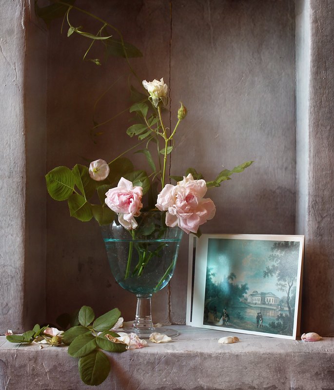 натюрморт, цветы, розы, розовый, голубой, открытка, Курочкина Диана