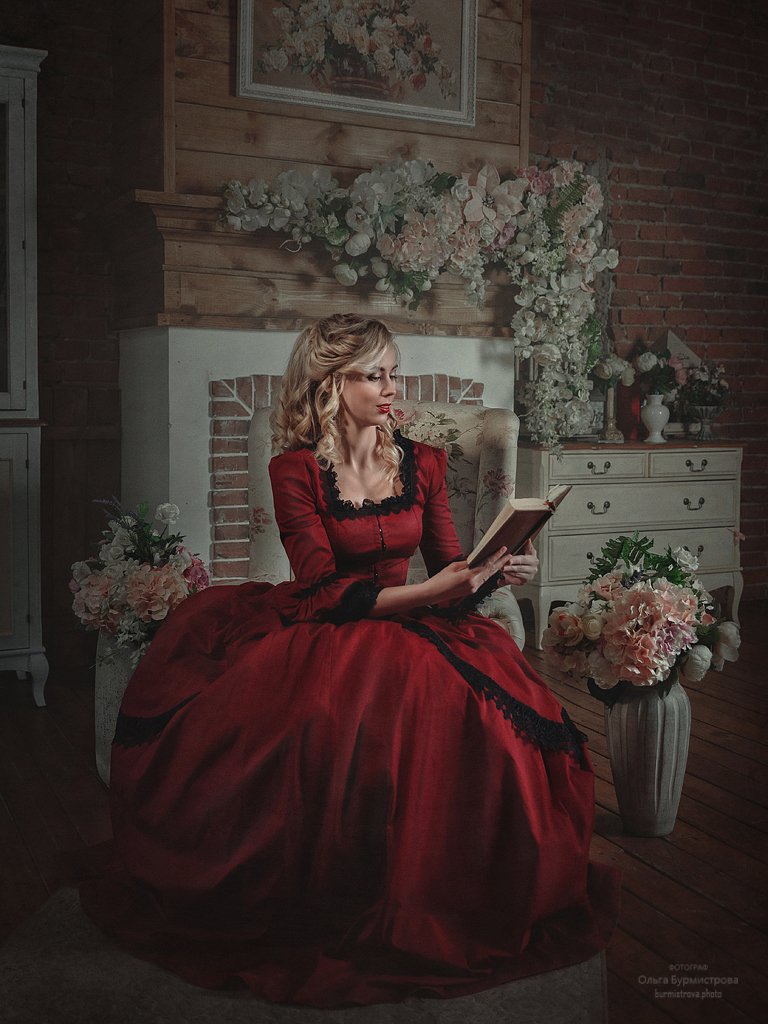 ретро, красное платье, у камина, старинное платье, Ольга Бурмистрова