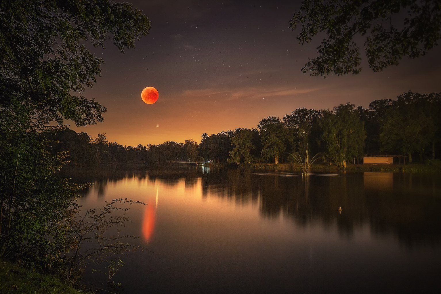 red moon, eclipse, moon eclipse, night, sky, nighscape, lake, stars, moon, lansdscape, Poland, Patrycja Towarek
