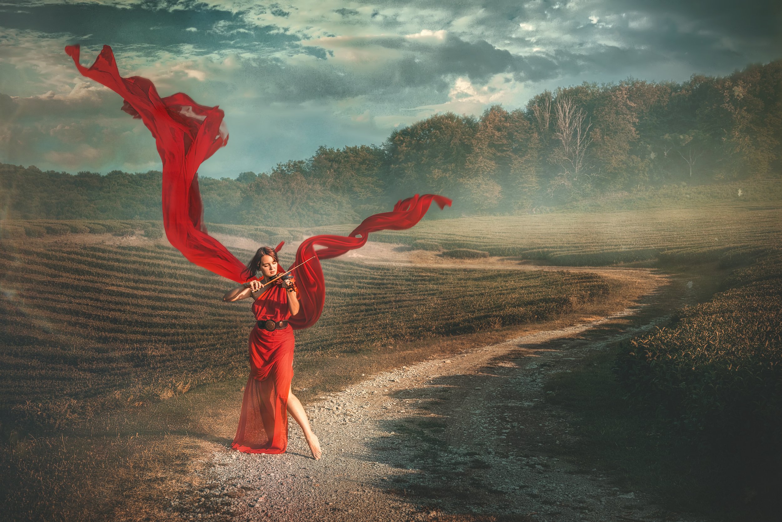 девушка скрипачка скрипка красная ткань платье играет дорога пейзаж закат, Андрей Володин