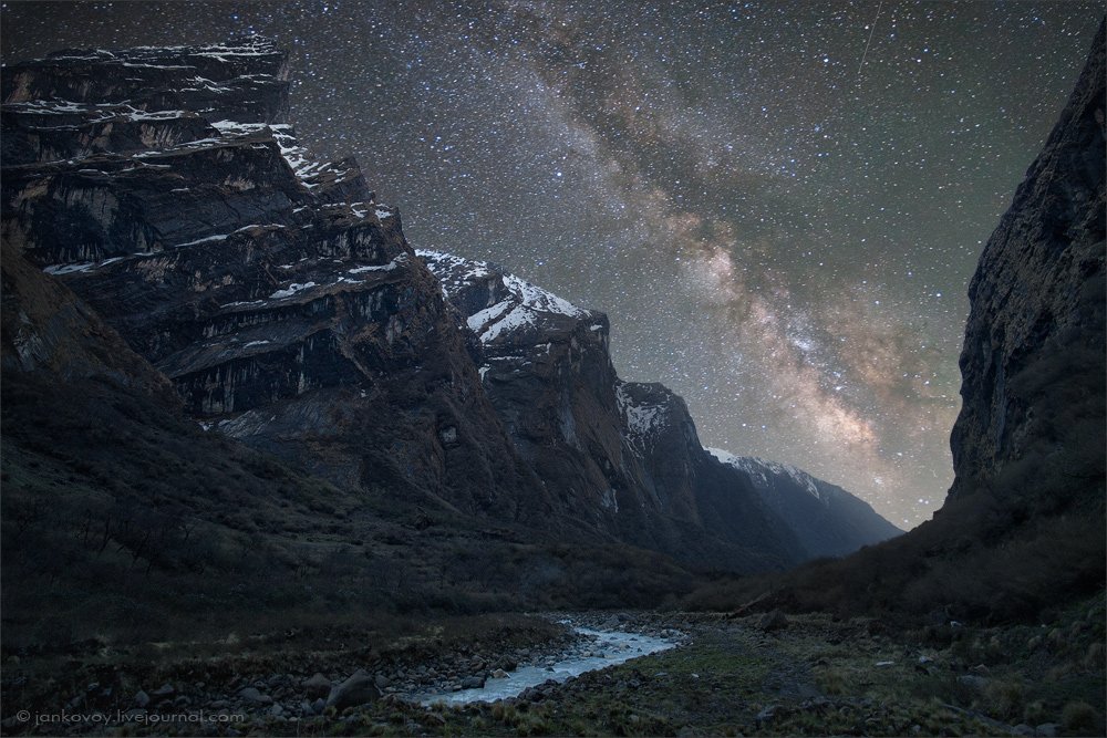ночь, звезды, горы, гималаи, млечный путь, небо, аннапурна, ущелье, река, холмы, перспектива, туманность, Антон Янковой (www.photo-travel.com.ua)