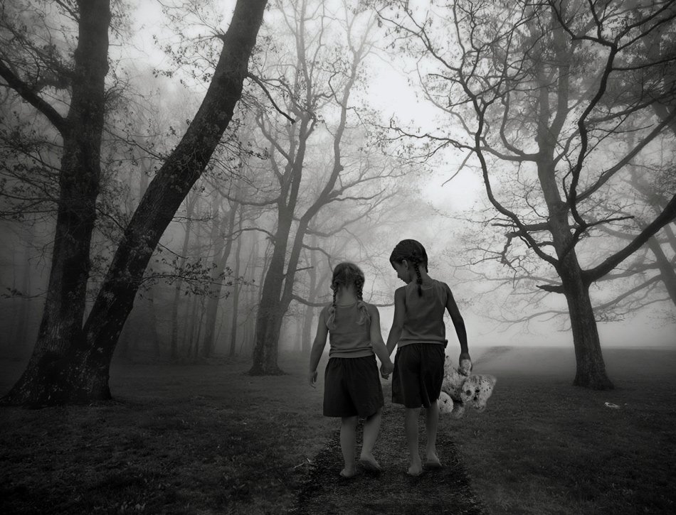 sisters, b&w, creepy, walking, girls, walking, forest, bear, passage, road, leaf, foggy, pants, carrying, tree, fog, mist, brave, girls, alone, Caras Ionut