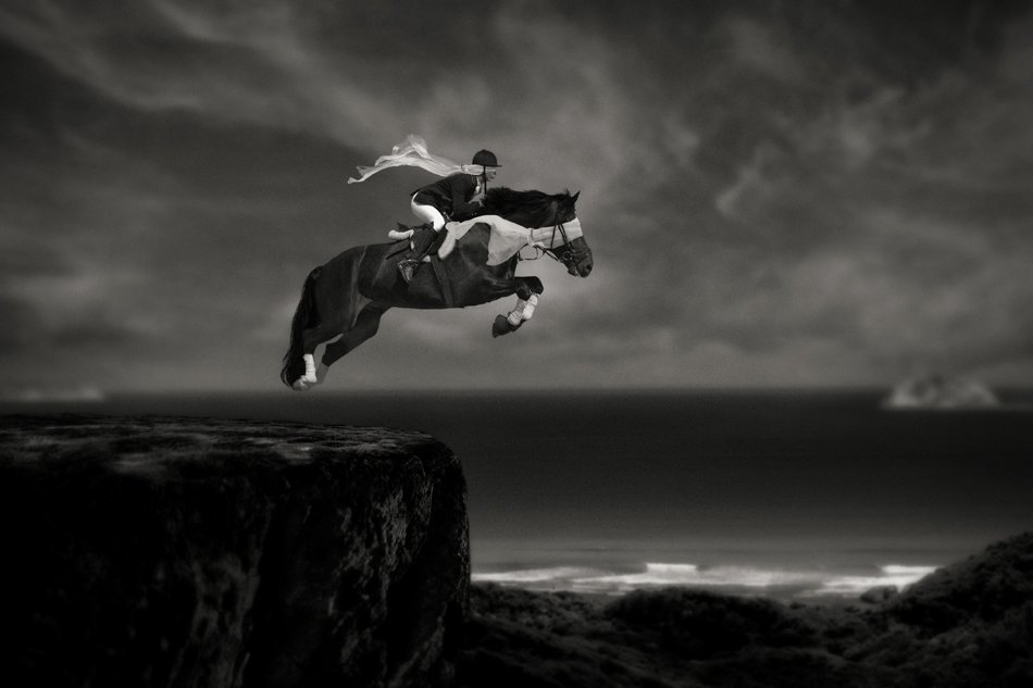 horse, rider, jump, sea, clif, Caras Ionut