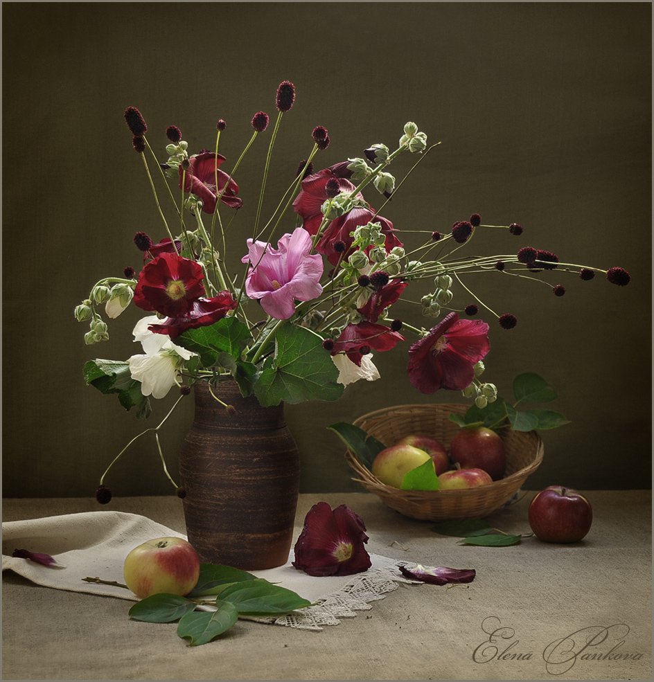 мальвы, цветы, лето, яблоки, Elena Pankova