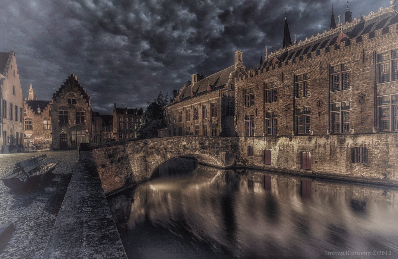 1608 год, old brugge, город, брюгге, бельгия, канал, вечер, ночь, Виктор Климкин