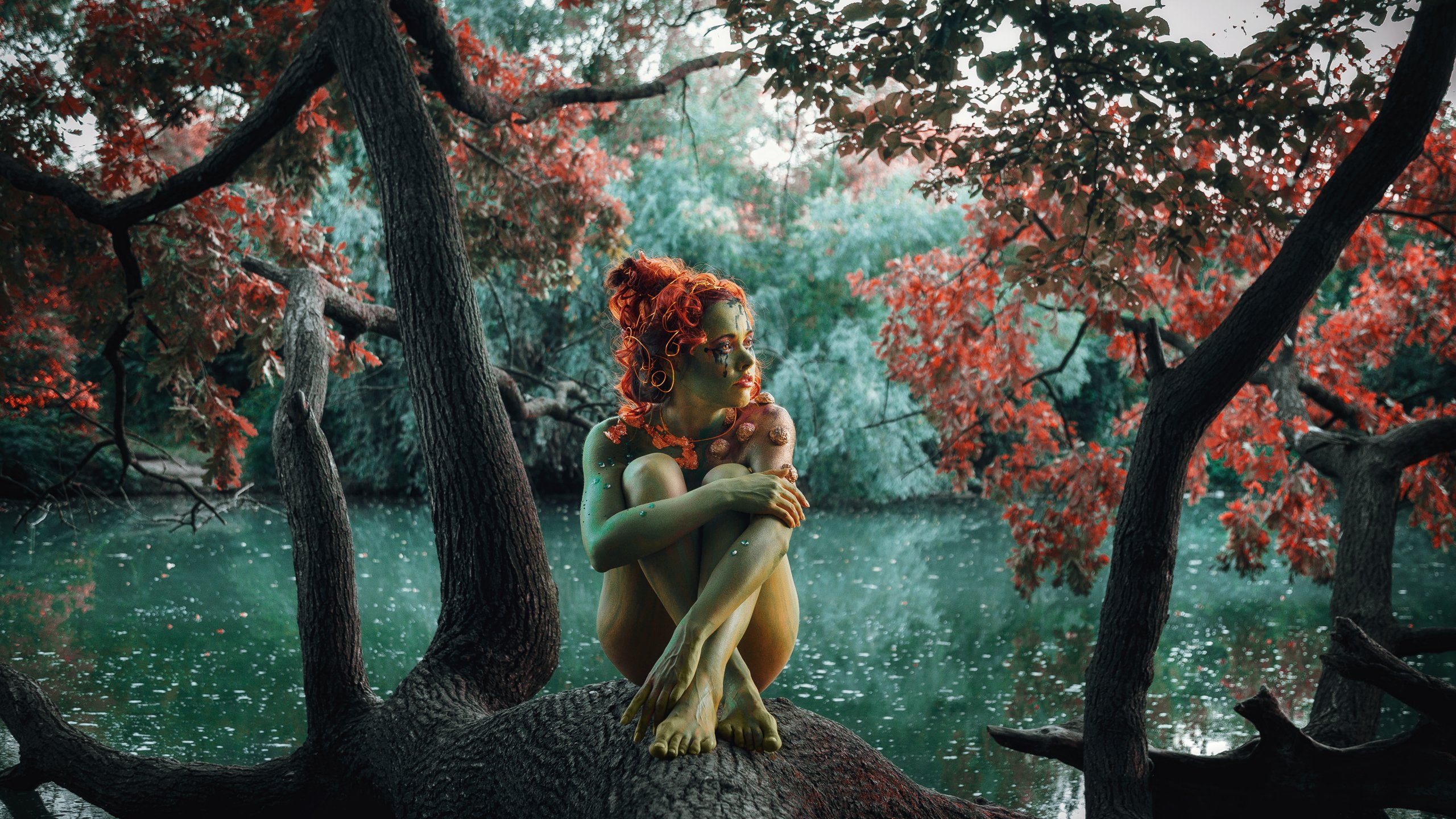 girl, model, nymph, fairy tale, fantasy, body painting, red, mermaid, forest, river, russia, девушка, модель, нимфа, сказка, фентези, бодиарт, рыжая, русалка, лес, река, россия, Васильев Андрей