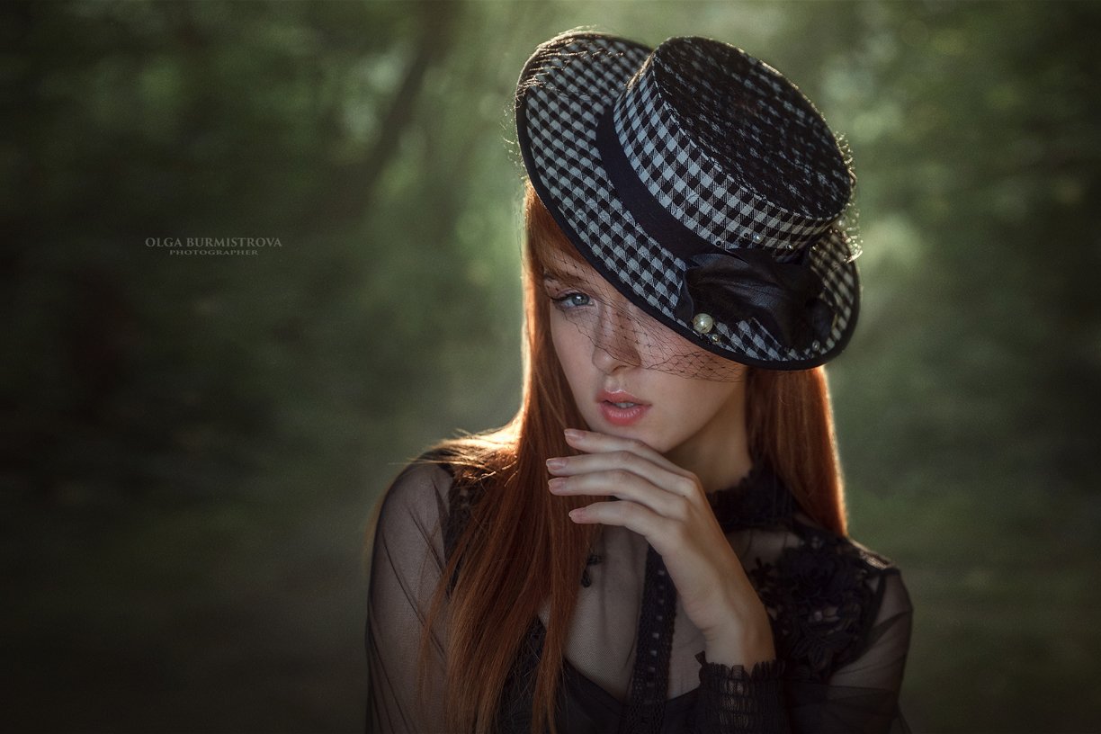 hat, fashion, black dress, red hair, yoke, look, Ольга Бурмистрова