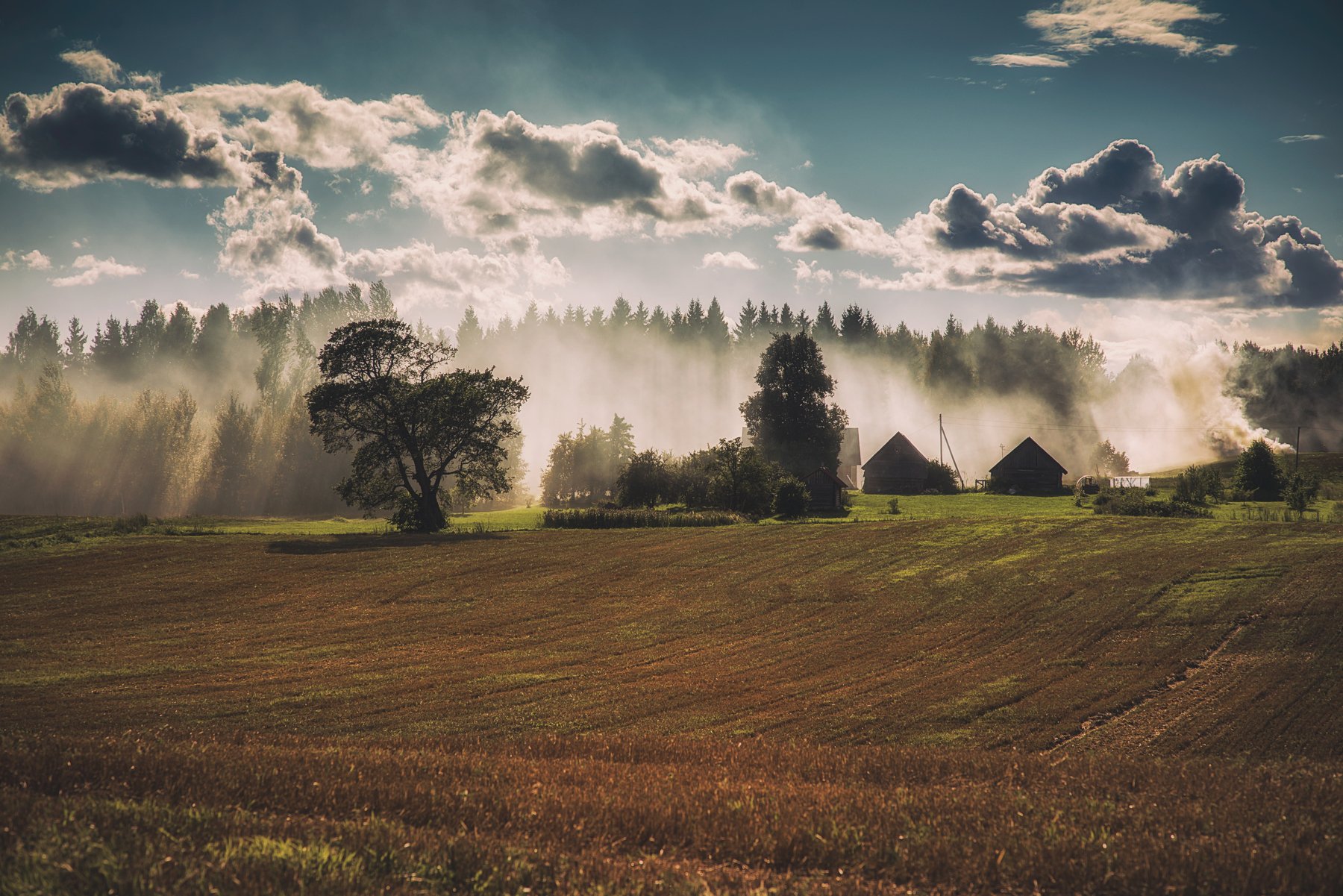 summer,landscape,clouds,willage,sun,forest,пейзаж,лето,хутор,дым, Olegs Bucis