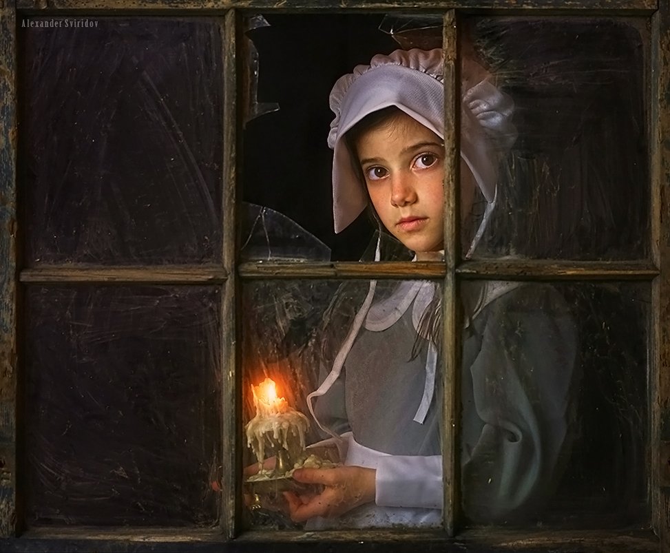pilgrim portrait girl window candle, Alexander Sviridov