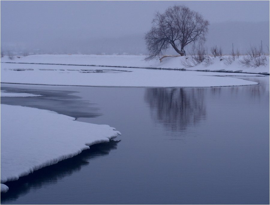 бурятия, большая, речка, снег, лед, дерево, отражение, Олег Шубаров