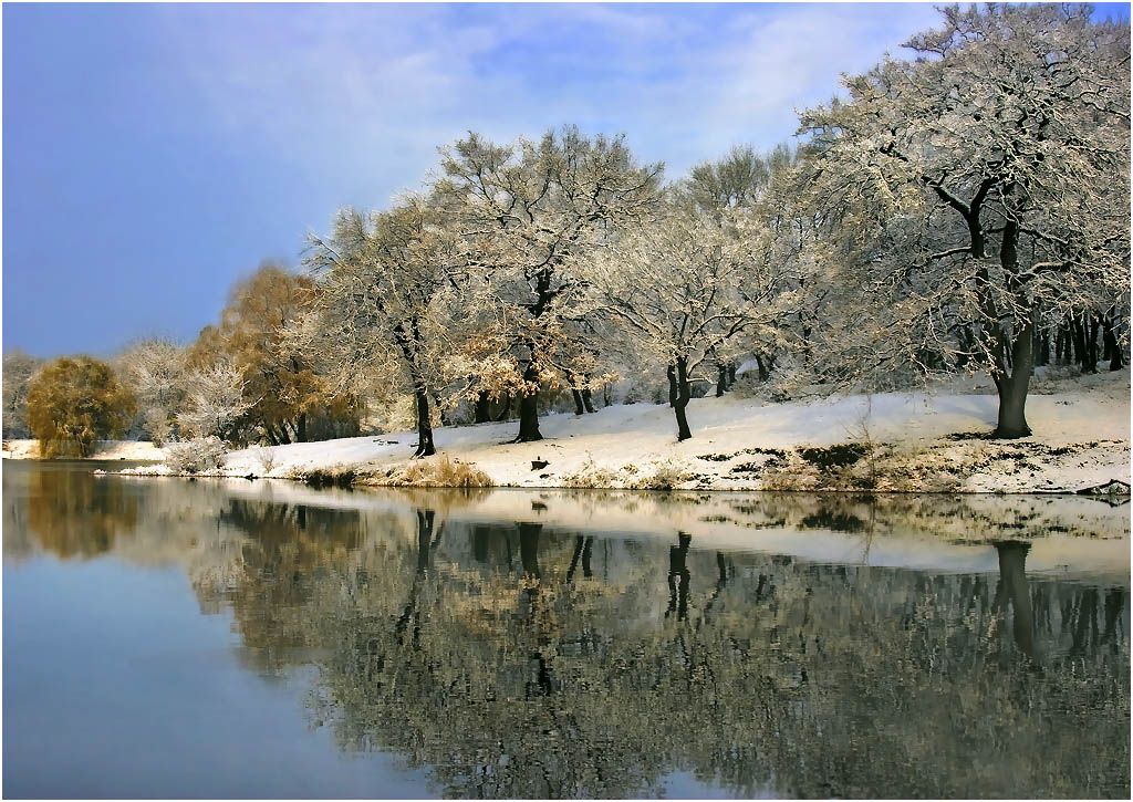 пейзаж, лес, осень, вода, снег, облака, Александр Батурский