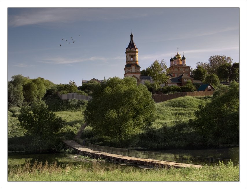 деревня, церковь, рыбак, мостик, лето, птицы, Алекс Беляков